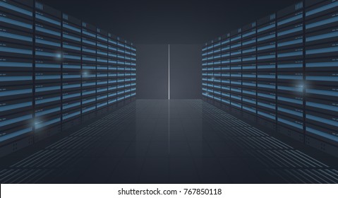 Server room corridor vector banner, row of server racks, data center and cloud technology concept 3d realistic illusration