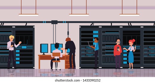 Server room or data center with characters of technology engineers or IT workers horizontal banner with cloud storage and data exchange server flat vector illustration.