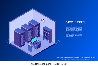 Server room, data center interior flat isometric vector illustration