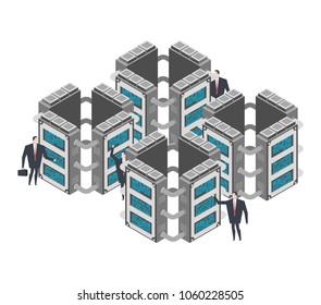 Server room. Data center Isometric style. Internet industry. Data transmission technology and data protection. Storage and Accumulation of Information. 