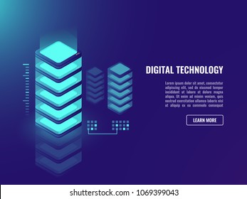 Server room and data cloud storage concept, lighting technology adstract object, database, datacenter neon dark ultraviolet