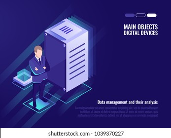 Server room, data management and storaging, information control, web site hosting, computing technology, isometric servr rack on ultra violet background