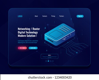 Server room, data transfer concept isometric, router internet splitter, incoming and outgoing data stream, datacenter and database request, dark neon vector digital technology