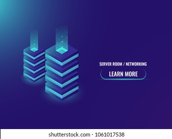 Server room and database isometric concept, cloud storage, server room, website hosting, digital technology, futuristic energy station