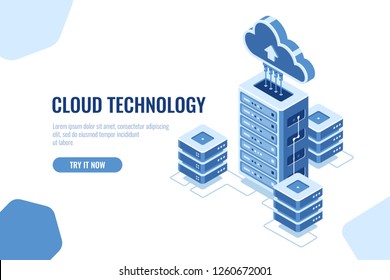 Server room, datacenter isometric icon, on white background, cloud technology computing, data database transfer vector blue