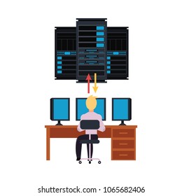 Server room and it engineer working pc illustration with data center storage and young system administrator connecting network. Telecommunication and computer service flat isolated vector.