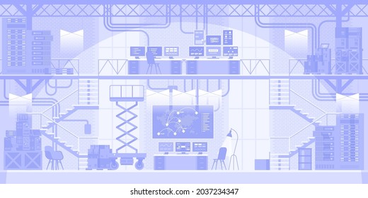 Server room with equipment horizontal background. Database work, computing and analysis. Server racks hardware, desktops with computers. Abstract industrial panorama. Vector illustration in flat style