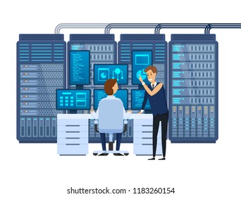 Sala de servidores, equipar el trabajo de administrador de red, monitorizar la base de datos, trabajo en equipo, software de instituciones financieras, trabajo conjunto, discusión de problemas con colegas, socios. Ilustración vectorial.