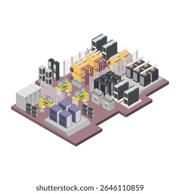 Sala de servidor com contenção de corredor quente e frio isométrica