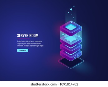 Server room icon, isometric vector database concept, web hosting big data processing, computer equipment, futuristic digital technology, dark neon gradient background