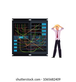 Server Room Illustration - Data Center Storage With Tangled Wires And Young System Administrator Holding His Head In Horror. Working With IT Technologies Flat Cartoon Isolated Vector.