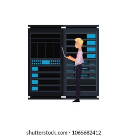 Server room illustration with data center storage and young it engineer with laptop working with computer technologies. Flat isolated vector with telecommunication, web connect and computer service