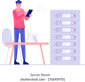 Server room illustration design, flat editable vector of data storage 