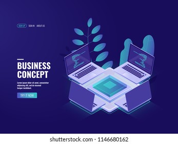 Server room isometric big data processing, cloud storage, blockchain technology, data center and database connection, networking isometric illustration vector neon dark