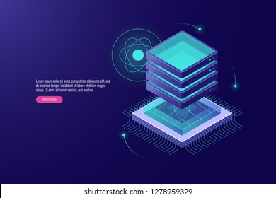 Server room isometric, cloud storage and data center icon, futuristic technology concept, big data processing, microprocessor, cpu vector illustration