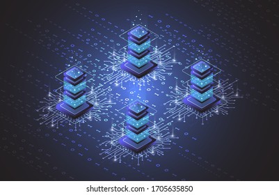 Server room isometric, Cloud storage data, Data center, Big data processing and computing technology. Vector illustration