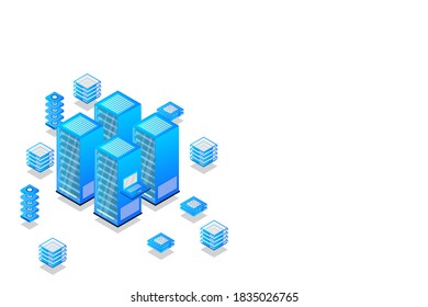 Server room isometric, Cloud storage data, Data center, Big data processing and computing technology. Vector illustration