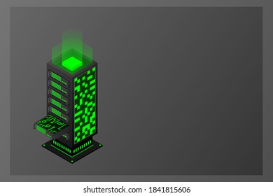 Sala de servidores isométrica, datos de almacenamiento en la nube, centro de datos, procesamiento de grandes datos y tecnología informática. Ilustración del vector
