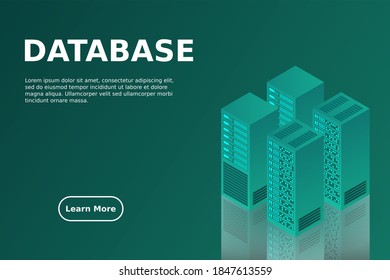 Server room isometric, Cloud storage data, Data center, Big data processing and computing technology. Vector illustration