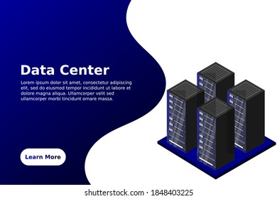 Server room isometric, Cloud storage data, Data center, Big data processing and computing technology. Vector illustration