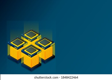 Server room isometric, Data center, Cloud storage data. Big data processing and computing technology, Data protection, a shield against the background of the server room. Server farm communication.