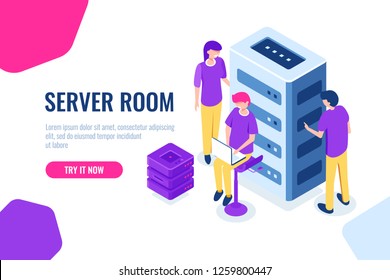 Server room isometric, datacenter and database, working on a common project, teamwork and collaboration, maintain hardware, cartoon people vector