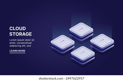 Server room isometric, futuristic technology of data protection and processing, Cloud Databases, Web Hosting.