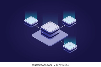 Server room isometric, futuristic technology of data protection and processing, Cloud Databases, Web Hosting.