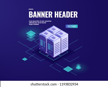 Server Room Isometric Icon, Big Data Processing, Data Warehouse, Cloud Storage Technology Vector Dark Neon Illustration