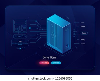 Server room isometric icon, data transferring process, outline background, datacenter and database, future technology, dark neon vector, cloud storage