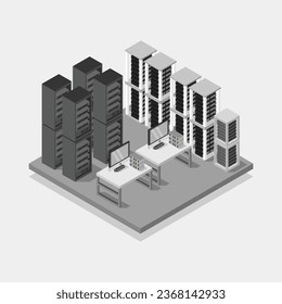 Serverraum - isometrisch illustriert auf Hintergrund