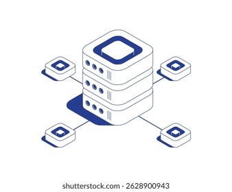 Server room isometric illustration with large server rack surrounded by smaller servers connected by data cables and network flows in line contour vector style.