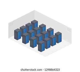 Server room isometric image, information storage and processing room. Vector stock illustration.