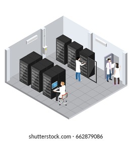 Server room isometric image, information storage and processing room, technical personnel serves server equipment