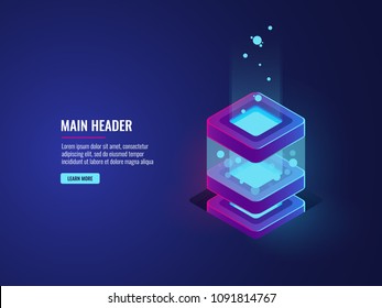 Server room isometric vector, data center and database icon, bigdata processing and computing, vpn technology dark neon Server room isometric vector, data center and database icon, bigdata processing and computing, vpn technology dark neon
