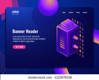 Server room, isometric vector digital technology abstract element, data center and database banner, cloud file storage vector