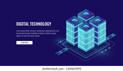 Server room isometric vector, futuristic technology of data protection and processing, networking and web hosting banner, input output data flow