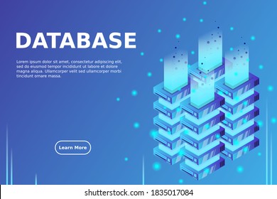 Server room isometric vector, futuristic technology of data protection and processing, networking and web hosting banner, input output data flow