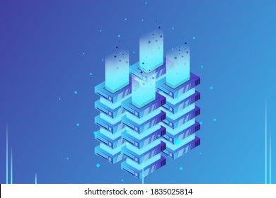 Server room isometric vector, futuristic technology of data protection and processing, networking and web hosting banner, input output data flow