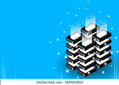 Vector isométrico de la sala de servidores, tecnología futurista de protección y procesamiento de datos, banner de conexión en red y alojamiento web, flujo de datos de salida de entrada