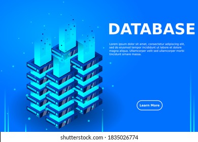 Server room isometric vector, futuristic technology of data protection and processing, networking and web hosting banner, input output data flow