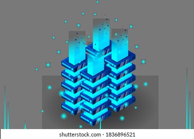 Server room isometric vector, futuristic technology of data protection and processing, networking and web hosting banner, input output data flow