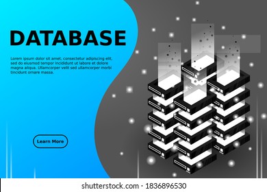Server room isometric vector, futuristic technology of data protection and processing, networking and web hosting banner, input output data flow