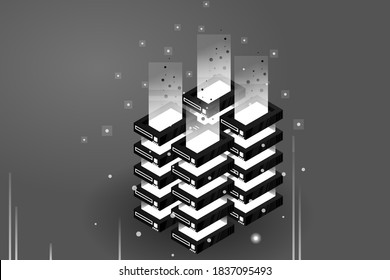 Server room isometric vector, futuristic technology of data protection and processing, networking and web hosting banner, input output data flow