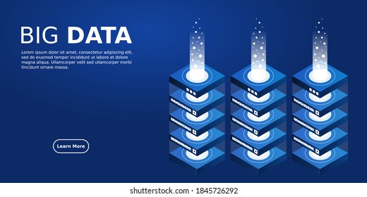 Server room isometric vector, futuristic technology of data protection and processing, networking and web hosting banner, input output data flow