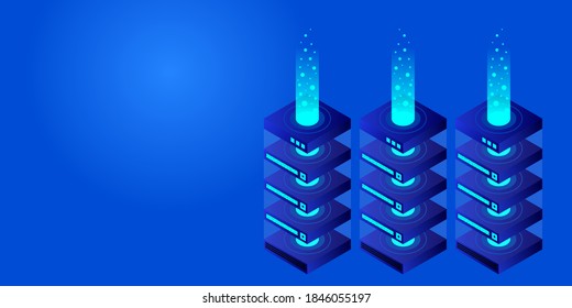 Server room isometric vector, futuristic technology of data protection and processing, networking and web hosting banner, input output data flow