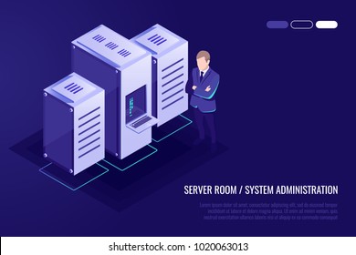 Server room, Man system administrator, data protection concept, professional hosting and data storage, cloud service isometric vector illustration ultraviolet background