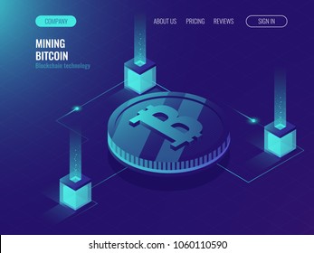 Server room for mining crypto currency bitcoin, computer technology web page, data center, cloud processing services ultraviolet isometric vector illustration