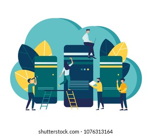 Server room for network and telecommunication technologies, conceptual vector illustration on a white background, cloud storage of data, information, file transfer over a network vector