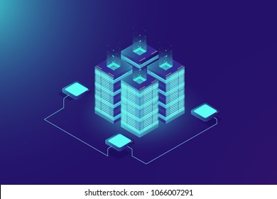 Server room rack, blockchain technology, token api access, data center, cloud storage concept, data exchange protocol illustration, dark neon gradient background